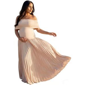 Off Shoulder Maternity Maxi Dress Beige Pleated Flowy Gown Baby Shower Dress